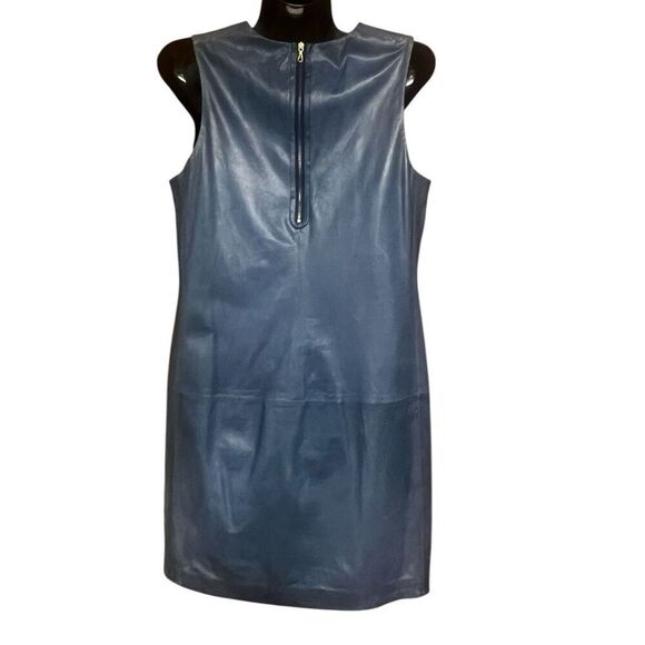 Vince Blue Leather Sleeveless Exposed Zipper Shift Dress Sz 4 Preowned - Picture 2 of 7